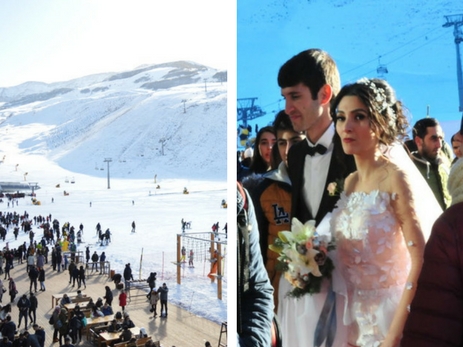 Влюбленные сыграли свадьбу на открытии зимнего сезона в «Шахдаге» – ФОТО