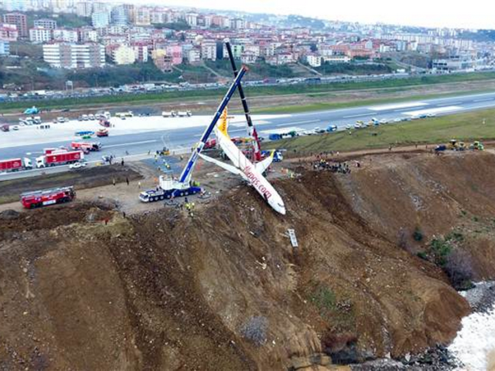 В Турции вытащили кранами съехавший в обрыв Boeing – ФОТО – ВИДЕО