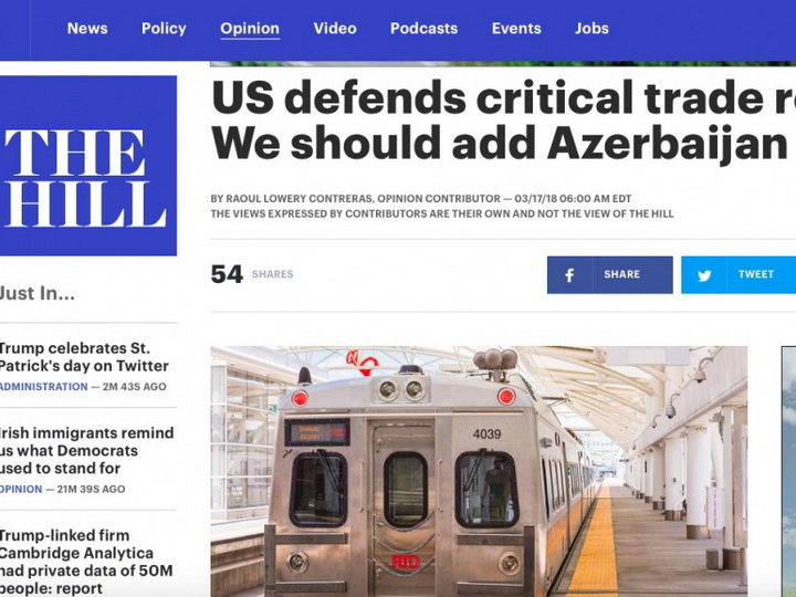 The Hill: «США защищают решающие торговые пути. Мы должны добавить в этот список Азербайджан»