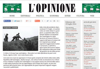 Итальянский новостной портал «l’opinione» поместил статью о визите Президента Ильхама Алиева в эту страну