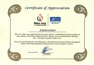 «Азеркосмос» награжден за оказание спутниковых услуг во время Первых Европейских Игр