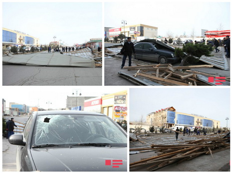 Сильный ветер снес крышу торгового центра в Баку - ФОТО