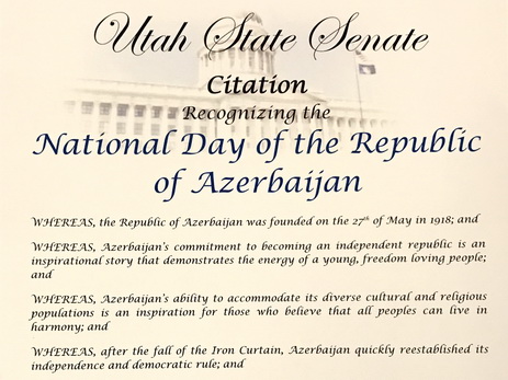 Штат Юта поздравляет Азербайджан с 99-й годовщиной создания республики