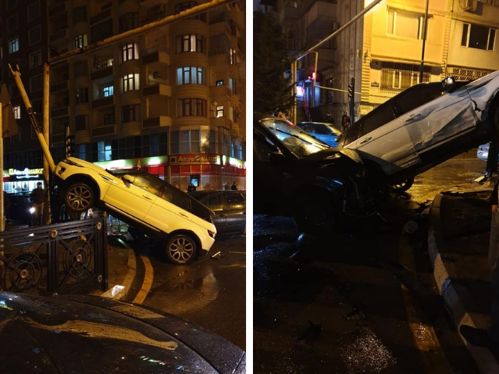 В Баку роскошный внедорожник врезался в трубу из-за дождливой погоды – ФОТО